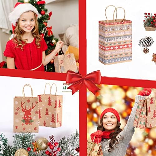 LIN KANG 24 БР. Коледни Подаръчни комплекти със Среден дръжки, 6 Дизайни коледни торбички от крафт-хартия, Гама подарък пакети размер