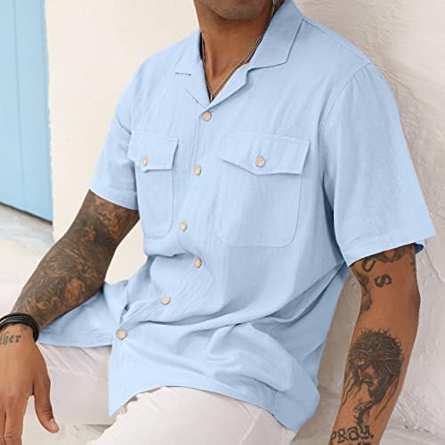 Мъжки Ленени Ризи Cuban Guayabera, Ежедневни Ризи с Копчета и Къс ръкав, Летни Плажни Топ с джоб