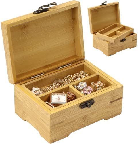 CDOKY Голяма Дървена Кутия с Панти капак, Многофункционална Кутия за съхранение от бамбуково дърво с Тавата на 2 отделения Органайзер