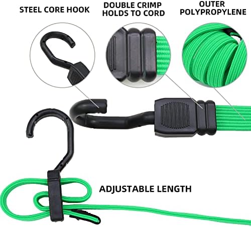 Регулируема Плосък Бънджи кабел XIANGLE за тежки условия на експлоатация на Открито с Куки, Бънджи-Въжета с Различни размери, 2 бр (Зелен, дължина 24 инча)