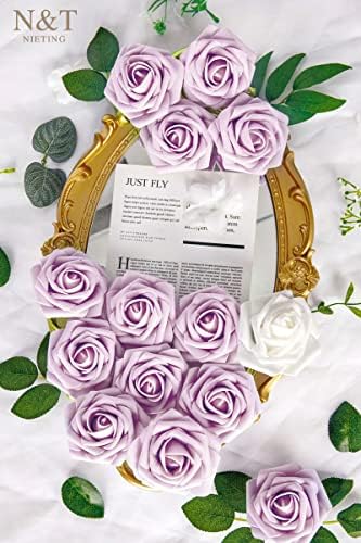 N&T NIETING Изкуствени Цветя Сватба 25 бр Лилавата Роза Фалшиви Рози с Дълги Стъбла за Декорация на Ден на Майката Песни за Душата