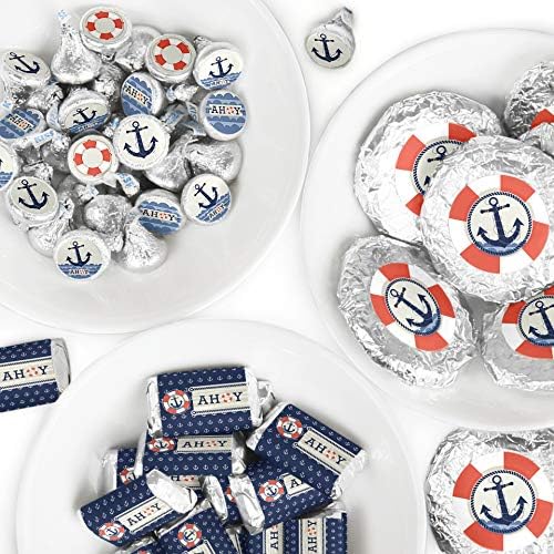 Ahoy - В морски стил - Мини опаковки за шоколадови блокчета, кръгли етикети за шоколади и етикети във формата на кръгове - Набор